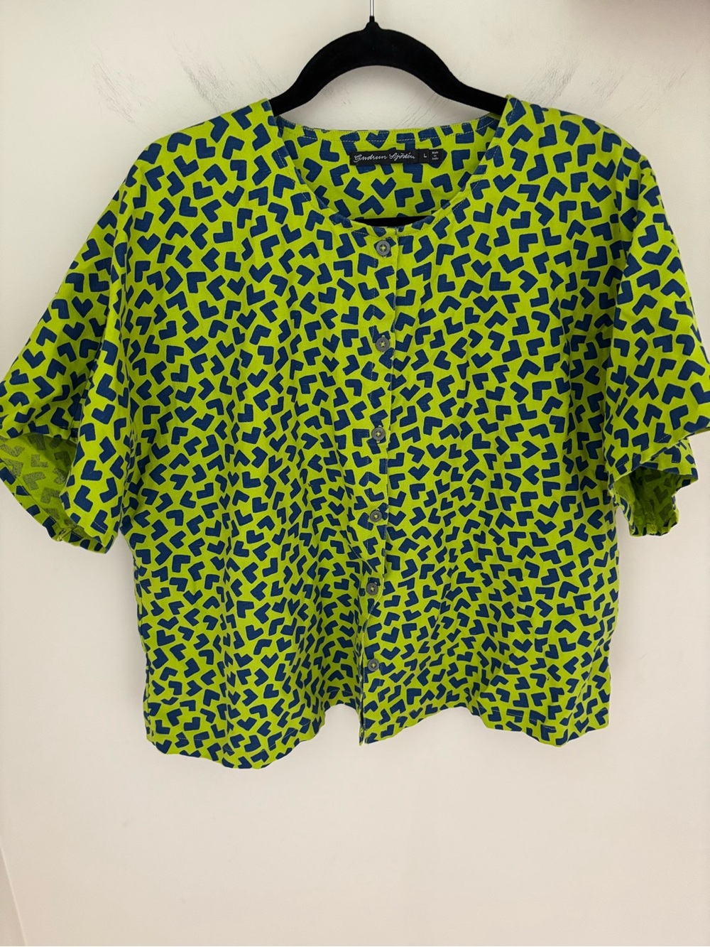 Gudrun Sjoden Button-Front Short sleeve Top Lime Green & Navy Geometric Print L